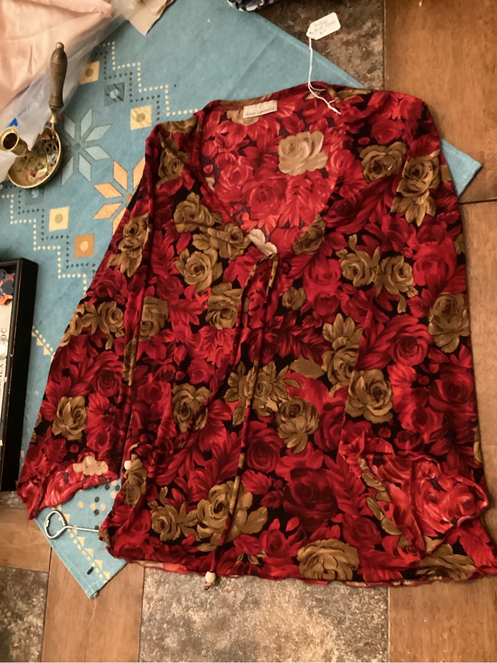 Susan Lawrence Red and Olive Floral Tie-Front Blouse